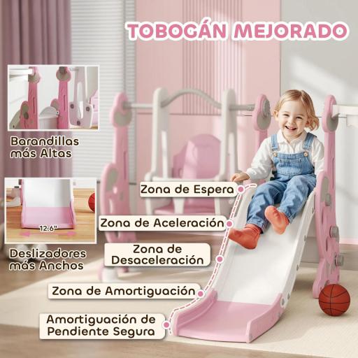  4 en 1 Parque Infantil Interior para +18 Meses Conjunto con Trepador y Canasta con Temática de Cohete Rosa y Blanco [3]