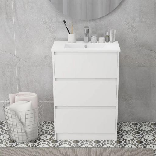Mueble de Baño con Lavabo Armario de Baño Lavabo de Baño de Cerámica Sintética con 2 Cajones 61x37x88cm Blanco Brillante [9]
