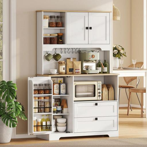 Alacena de Cocina con 3 Puertas 2 Cajones 3 Estantes en la Puerta 8 Ganchos Encimera Amplia Blanco [8]