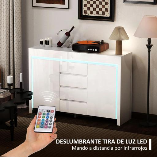 Aparador de Salón con Luces LED 4 Cajones Cierre Suave Estantes Ajustables y Mando a Distancia 120x34x80cm Blanco Brillo [9]