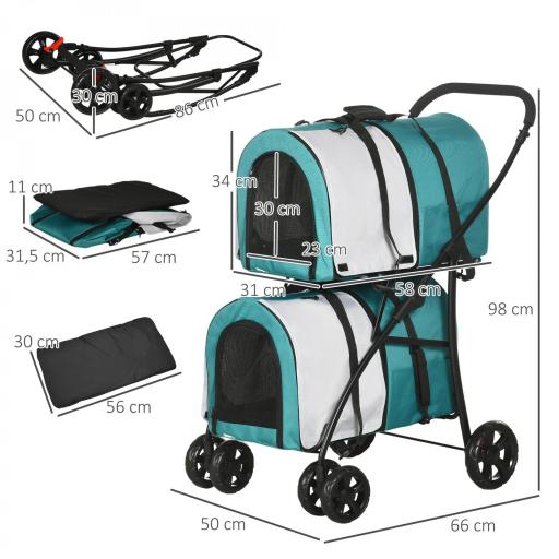 Cochecito Doble para Perros Gatos Plegable con 2 Transportines Extraíbles con Cinturón y Cojines 66x50x98cm Verde y Gris [1]