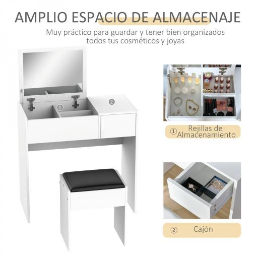 Tocador de Maquillaje con Taburete Mesa de Maquillaje con Espejo Tapa Abatible y Cajas 80x40x79 cm y 40x30x40 cm [3]