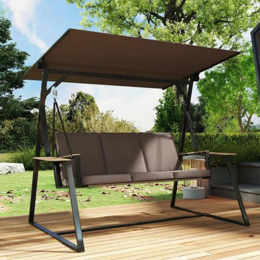 Columpio de Jardín Exterior de 3 Plazas con Techo Ajustable 2 Bandejas Cojines y Marco de Metal Carga 360 kg Marrón [6]