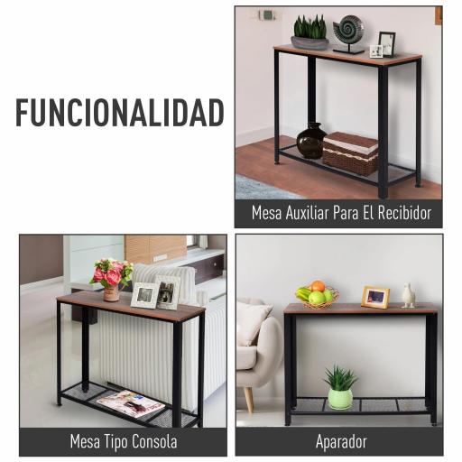 Mesa de Consola Industrial Mesa de Entrada con Estante Inferior de Malla Metálica Carga 30 kg 101x35x80cm Marrón y Negro [2]