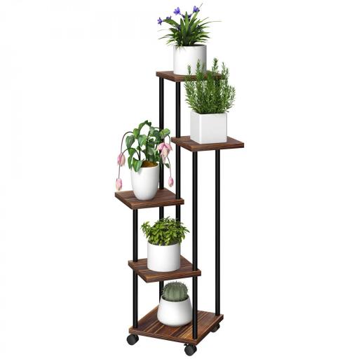 Soporte para Plantas de Madera y Acero de 3 Niveles con 5 Estantes Cuadradas y 4 Ruedas 59x59x110 cm Carbonizado [8]