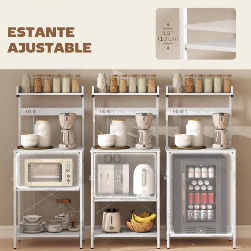 Estantería de Cocina con 2 Tomacorrientes Estante para Microondas Estante Ajustable Ganchos 60x42x137 cm Blanco [5]