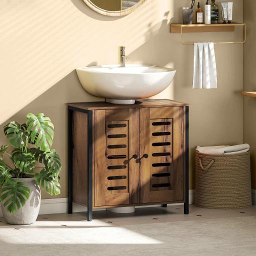 Mueble Bajo Lavabo Industrial 2 Puertas de Lamas con Cierre Magnético Estante Ajustable 60x30x60 cm Marrón Rústico [2]