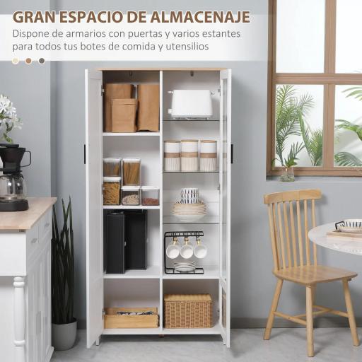 Alacena de Cocina Mueble Auxiliar de Cocina con Puerta de Vidrio y Estantes Ajustables para Comedor 76x36x160 cm Blanco [2]