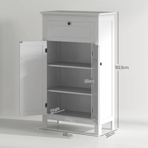 Mueble de Baño Columna de Baño con Cajón 2 Puertas y Estantes Ajustables Armario de Baño Moderno 60x30x102,5 cm Blanco [6]