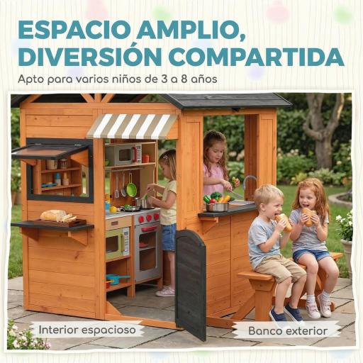 Casita Infantil Exterior e Interior de Madera con Cocina de Juguete y Banco de Picnic Ventanas de Servicio Marrón [4]