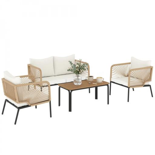 Conjunto Jardín Exterior de 4 Piezas con Sofá 2 Sillones y Mesa WPC Ratán PE Tipo Cuerda Cojines Acolchados Blanco [8]