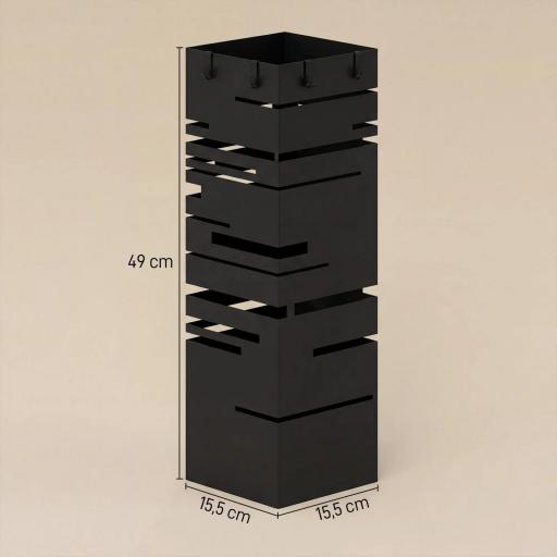 Paragüero Metálico con Bandeja de Goteo y 4 Ganchos, 15,5x15,5x49 cm, Negro [1]