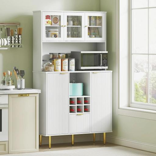 Alacena de Cocina Moderna con Armarios Cajón Botellero y Puertas de Vidrio y Estantes Ajustables 100x40x180 cm Blanco