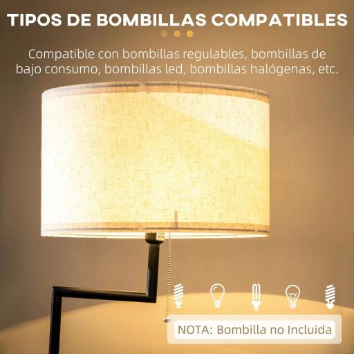 Lámpara de Pie con Mesita Auxiliar y Pantalla de Lino Interruptor de Cadena y Cargador USB Ø40x170 cm Natural [3]