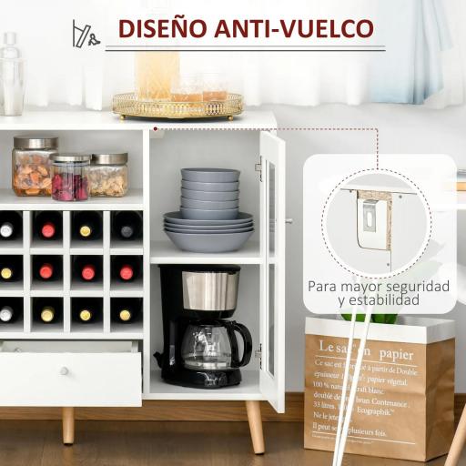 Aparador de Cocina con Botellero Cajón Estante Abierto y 2 Armarios con Puertas de Cristal 100x33x80 cm Blanco [4]