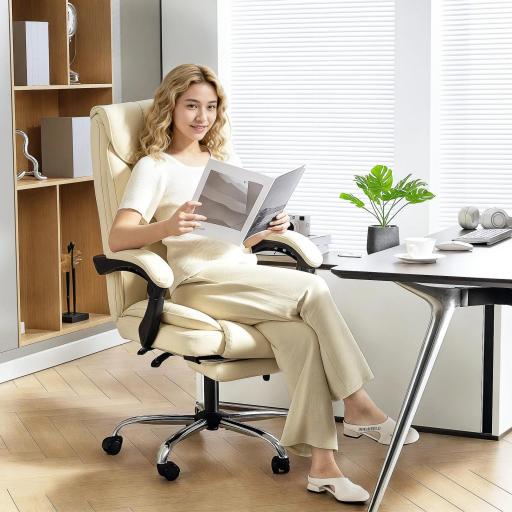 Silla de Escritorio con Reposapiés Respaldo Reclinable Acolchado Grueso Tapizada en Cuero Sintético Beige [6]