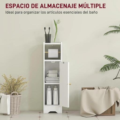 Armario de Baño Estrecho Mueble Auxiliar de Baño con Estante Ajustable y Portarrollos de Papel 21x20x79 cm Blanco [2]