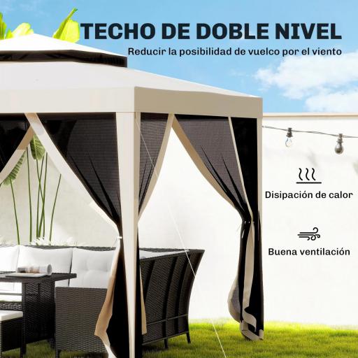Carpa de Jardín 3x3 m Cenador Gazebo con 4 Mosquiteras Laterales Techo Doble 8 Orificios de Drenaje Marco de Metal Beige [6]