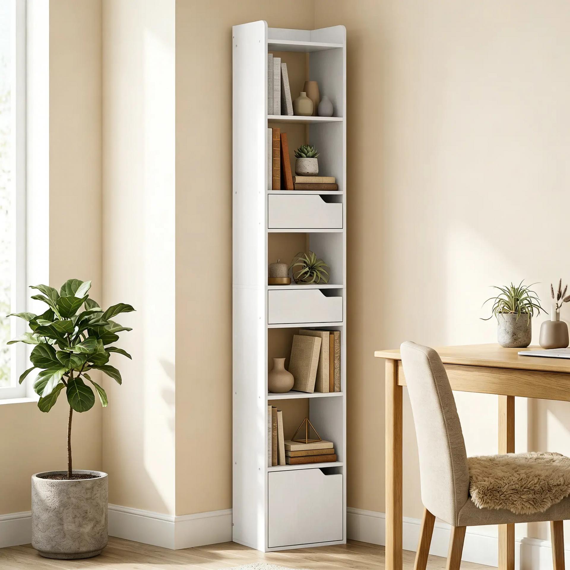 Estantería para Libros con 2 Cajones y Puerta Librería Estrecha con 6 Estantes Abiertos 32x24x181,5 cm Blanco