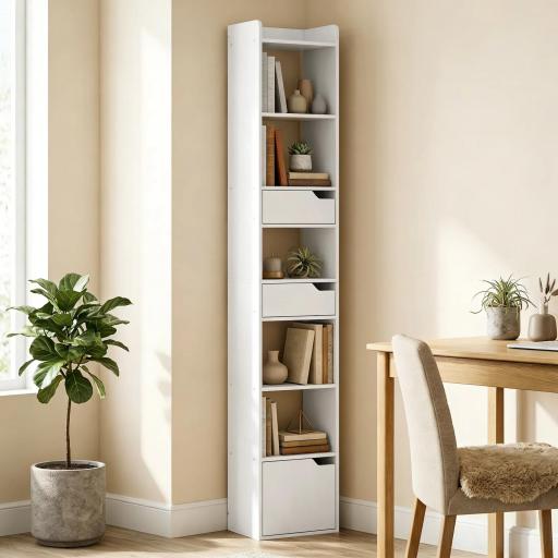 Estantería para Libros con 2 Cajones y Puerta Librería Estrecha con 6 Estantes Abiertos 32x24x181,5 cm Blanco [0]