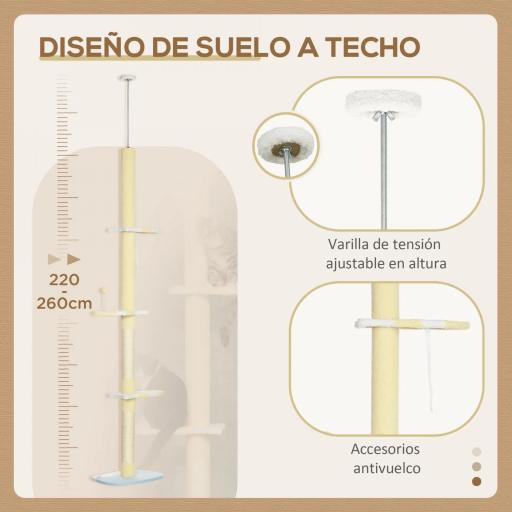 Árbol para Gatos de Suelo a Techo con Altura Ajustable Poste de Sisal y Bola para Jugar 47x34x220-260 cm Crema [4]