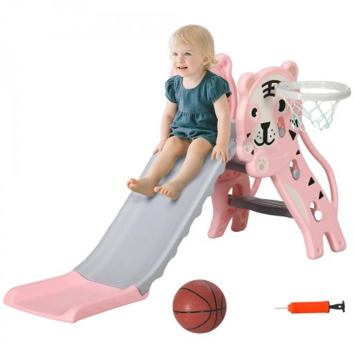 Tobogán para Niños de 18 a 36 Meses con 2 Escaleras 1 Canasta de Baloncesto y Patrón de Tigre 133x60x70 cm Rosa y Gris [8]