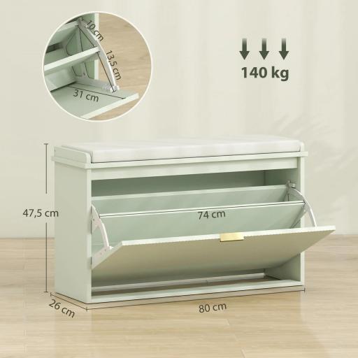 Banco Zapatero con Asiento Acolchado Cajón Abatible Estante Ajustable para Entrada Dormitorio 80x26x47,5 cm Verde Claro [1]
