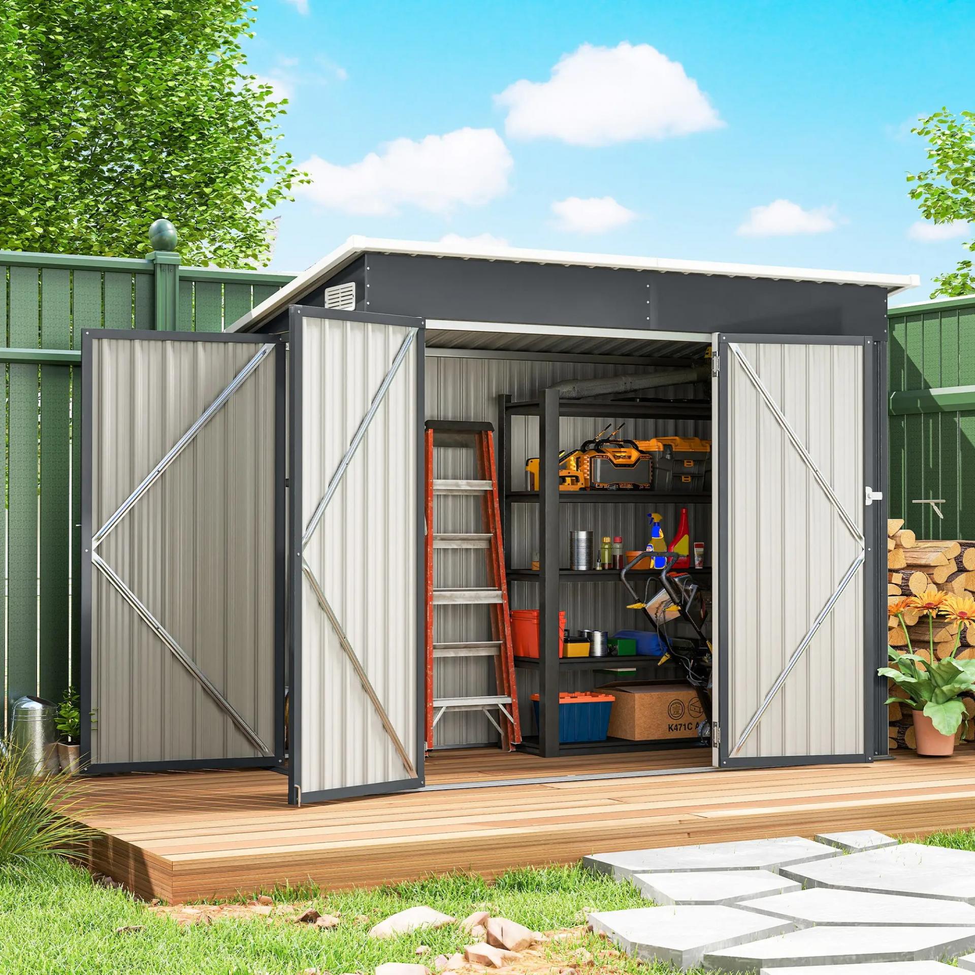 Cobertizo de Jardín Exterior 2,7 m² 234x132x185 cm con Triple Puerta Cerradura y Ranuras de Ventilación Gris