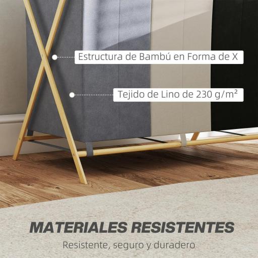 Cesto para Ropa Sucia Plegable con 3 Compartimentos Capacidad 129L con Marco de Bambú y Bolsas Extraíbles Multicolor [4]