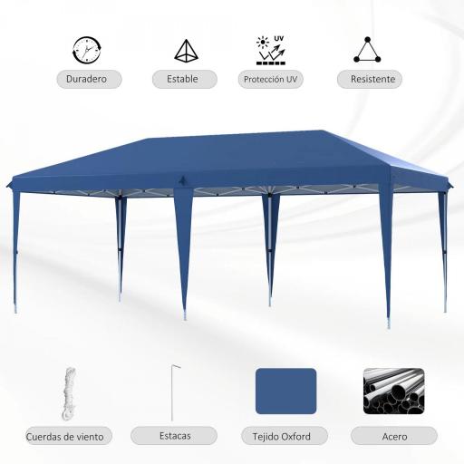 Carpa Plegable 6x3 m con Altura Ajustable en 3 Niveles Bolsa de Transporte Anti-UV y Marco de Acero Azul [5]