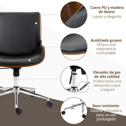Silla de Oficina Giratoria de PU con Altura Ajustable Función de Inclinación y Ruedas 51x65,5x82-92 cm Negro [3]