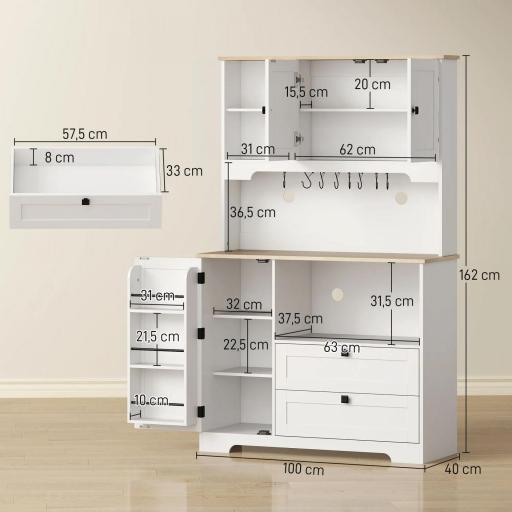 Alacena de Cocina con 3 Puertas 2 Cajones 3 Estantes en la Puerta 8 Ganchos Encimera Amplia Blanco [1]