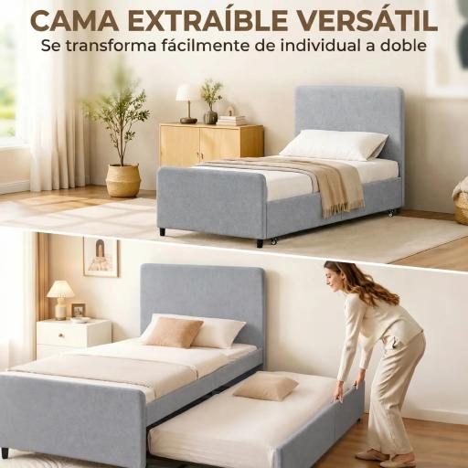 Cama Nido Individual 90x190 cm Estructura de Cama Tapizada en Lino con Cabecero y Piecero Listones de Madera Gris Claro [7]