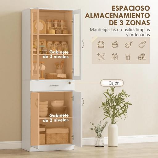 Alacena de Cocina con Puertas de Vidrio Cajón Estantes Ajustables para Comedor Salón 60x35x180 cm Blanco [5]