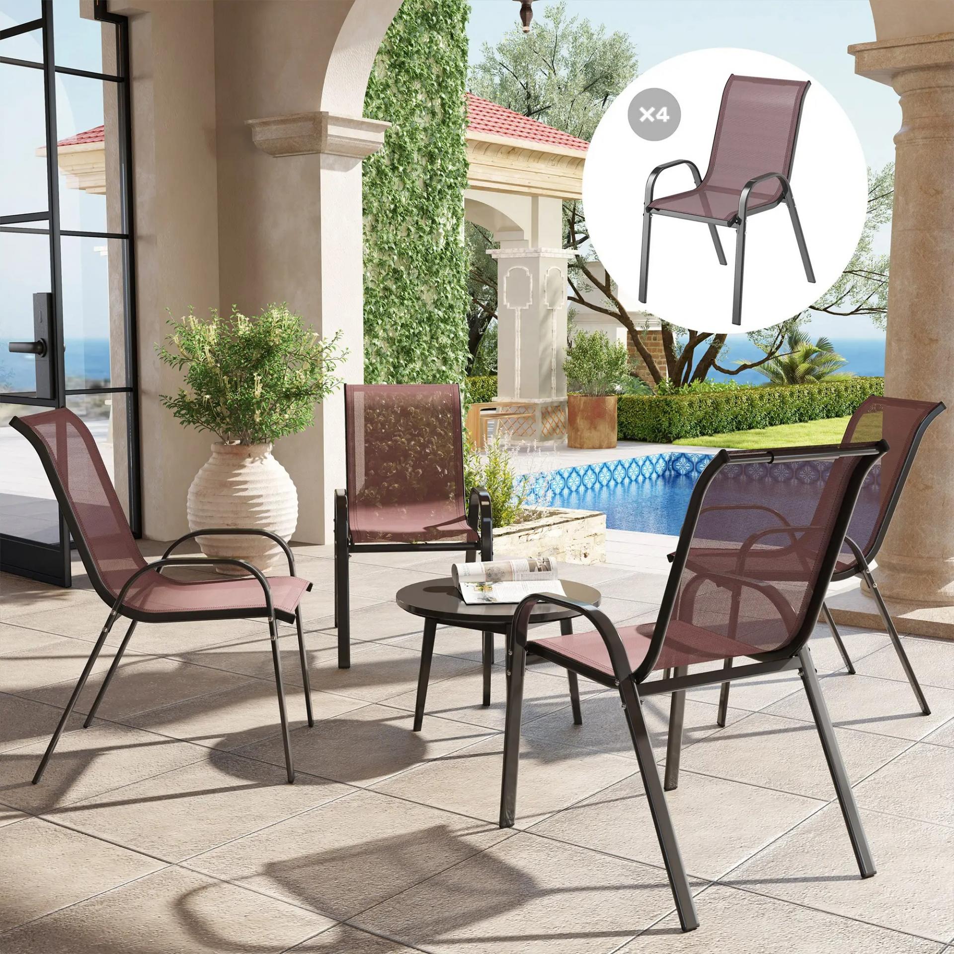 Set de 4 Sillas de Exterior Apilables Asiento de Malla Respaldo Alto y Marco de Acero para Jardín Marrón Oscuro y Negro