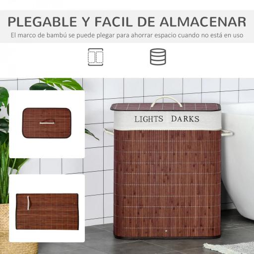 Cesto para Ropa Sucia de Bambú Capacidad de 100L Cesta para la Colada Rectangular con Tapa Extraíble Bolsa de 2 Compartimentos 52x32x63 cm Marrón [4]