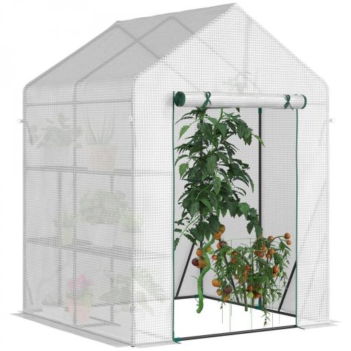 Invernadero de Exterior con 2 Estantes Puerta con Cremallera y Marco de Acero 143x143x195 cm Blanco [7]