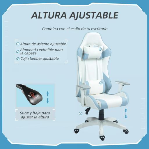 Silla Gamer con Cojín Lumbar Reposabrazos Ajustable Reposacabezas Extraíble y Altura Ajustable 67x60x120-128 cm Azul [2]