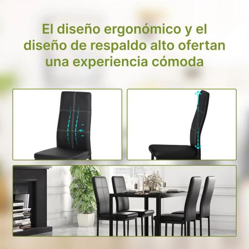 Conjunto de Comedor de Mesa y 4 Sillas 5 Piezas Mesa Rectangular de Vidrio Templado y Sillas Tapizadas en PU Negro [3]