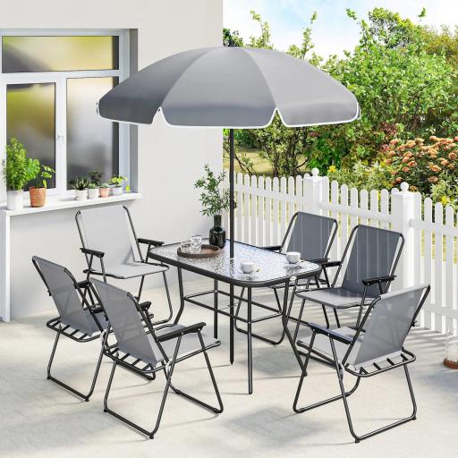 Conjunto de Mesa y Sillas Jardín de 8 Piezas con Sombrilla 6 Sillas Plegables Mesa de Vidrio Templado Gris [0]