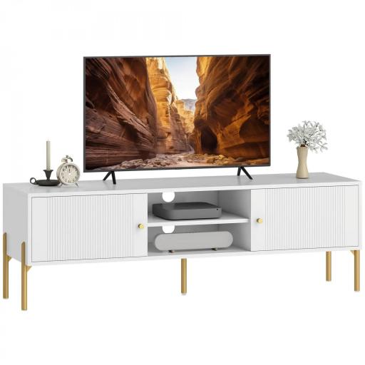 Mueble de TV Moderno con 2 Puertas 2 Estantes Abiertos Orificios Pasacables para TV 65 Pulgadas 140x38x45,9 cm Blanco [8]