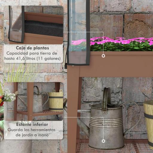 Huerto Urbano Elevado 80x40x120 cm con Cubierta de Invernadero y Estante Inferior para Cultivo Plantas Flores Marrón [7]