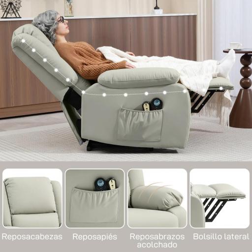 Sillón Levanta Personas Eléctrico con 8 Punto de Masaje Función Calentamiento 2 Controles Remotos y Bolsillo Gris Claro [6]