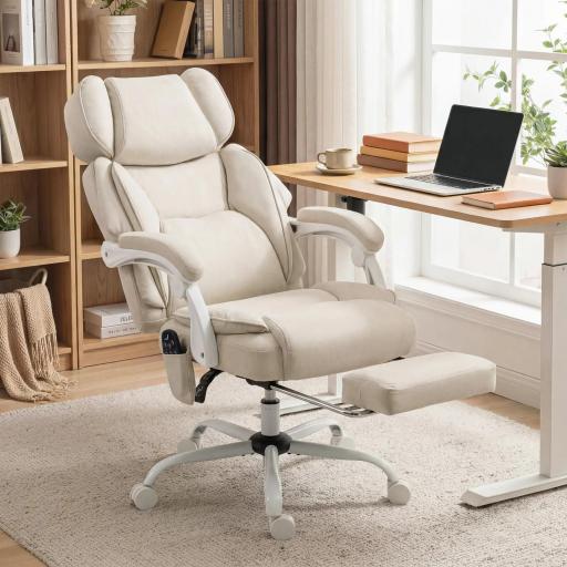 Silla de Escritorio Reclinable con Masaje Vibratorio de 6 Puntos Calor Lumbar Reposacabezas Ajustable Reposapiés Crema [0]