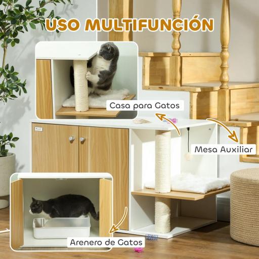 Mueble Arenero para Gatos con Centro de Juegos Cojín Pelota Puerta Lateral y Patas Antideslizantes 94x48x50,5cm Blanco [5]