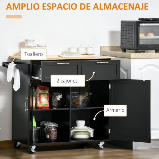 Mueble Auxiliar de Cocina con Ruedas 2 Cajones 2 Puertas Estante Ajustable y Toallero 104x46x91 cm Negro [2]
