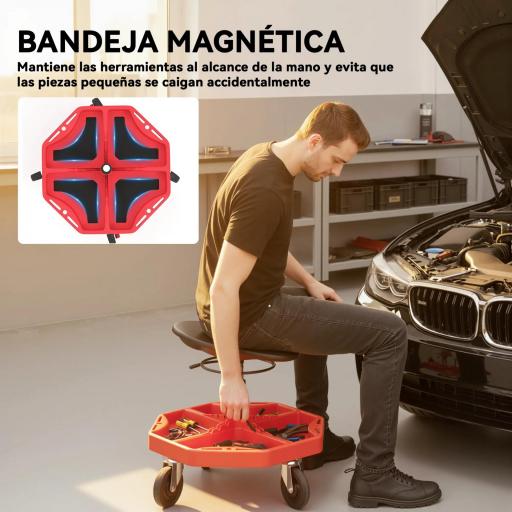 Taburete de Taller Móvil con Bandeja Magnética Ruedas Altura Ajustable de 52–59,5 cm Carga 135 kg para Garaje Rojo [2]