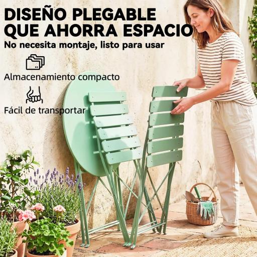 Conjunto de Jardín Plegable con 2 Sillas Plegables Mesa Redonda Estructura Metálica Electrofórica para Balcón Verde [3]