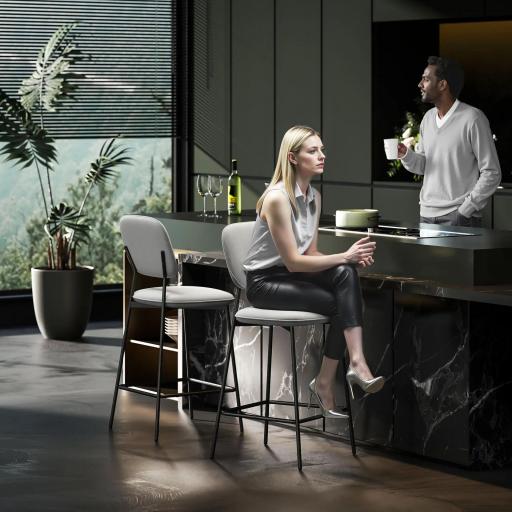 Conjunto de 2 Taburetes de Bar con Respaldo Tapizado Aterciopelado y Estructura de Acero 45x49x102 cm Gris Claro [1]