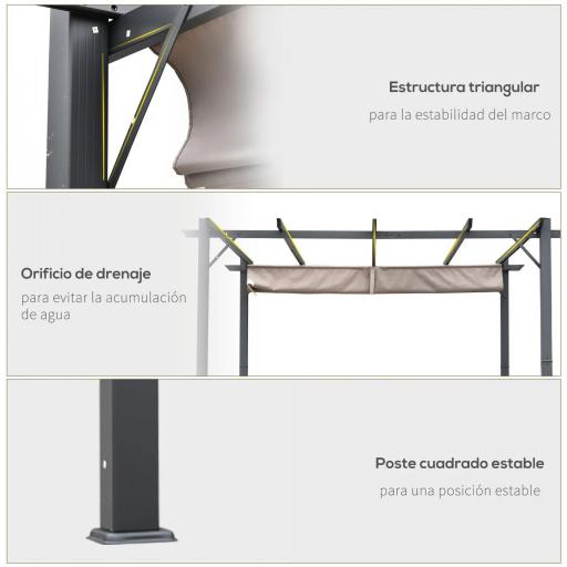 Pérgola de Aluminio 3x3m para Jardín Patio o Terraza con Techo Retráctil Tela Poliéster Resistente a Agua Marrón y Gris [4]